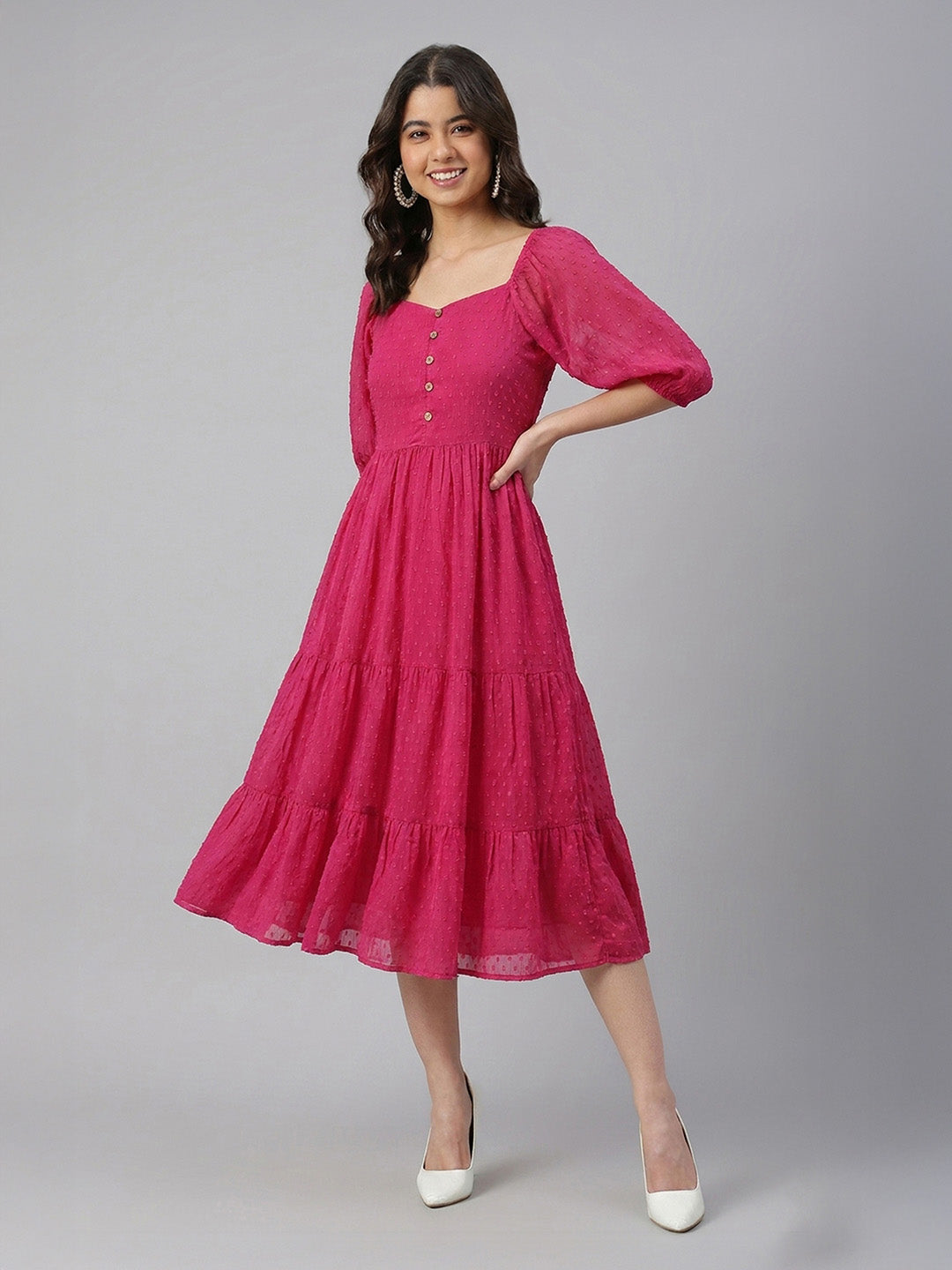 Janasya Magenta Tiered Dobby Chiffon Dress | Grocsy