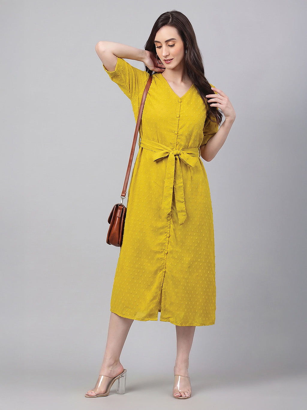 Janasya Lime A-Line Dobby Chiffon Dress | Grocsy