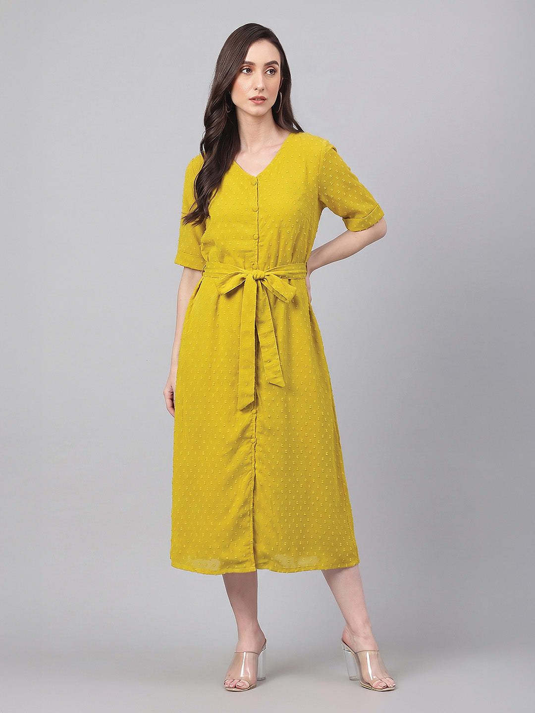 Janasya Lime A-Line Dobby Chiffon Dress | Grocsy