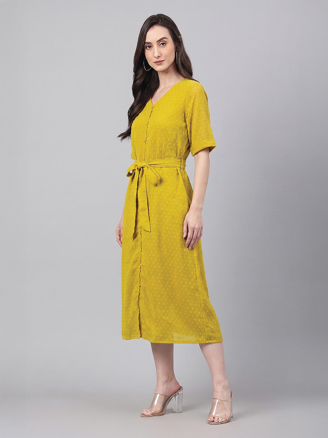 Janasya Lime A-Line Dobby Chiffon Dress | Grocsy