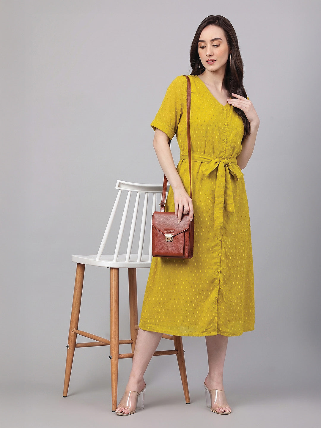 Janasya Lime A-Line Dobby Chiffon Dress | Grocsy