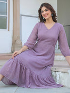 Janasya Lavender A-Line Dobby Chiffon Dress | Grocsy