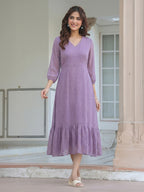Janasya Lavender A-Line Dobby Chiffon Dress | Grocsy