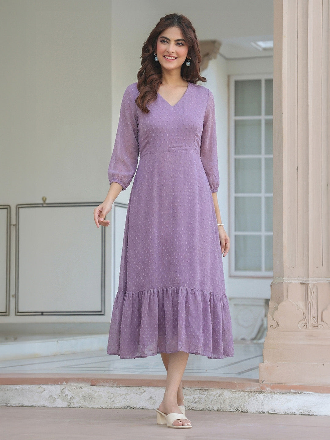 Janasya Lavender A-Line Dobby Chiffon Dress | Grocsy