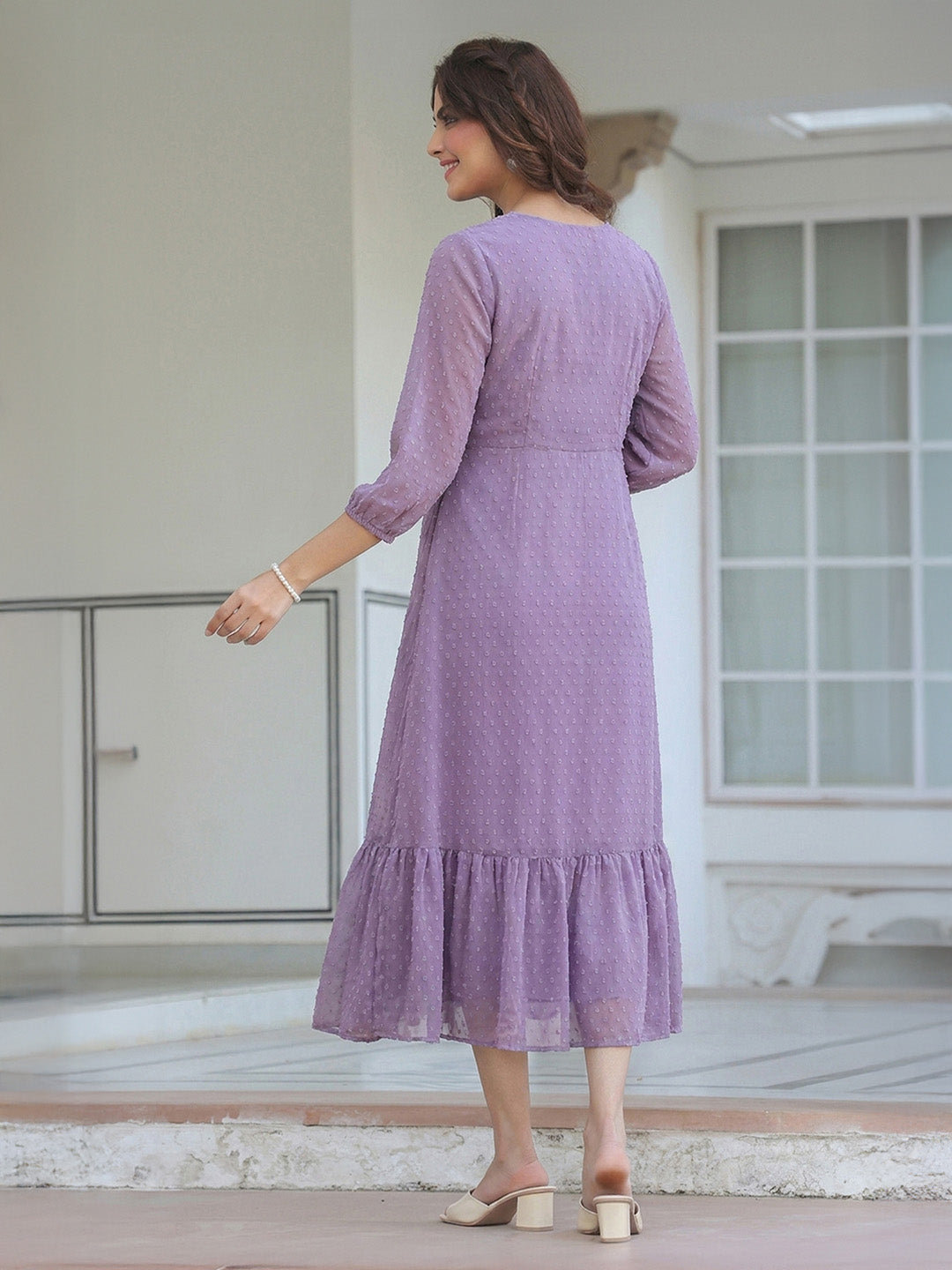 Janasya Lavender A-Line Dobby Chiffon Dress | Grocsy