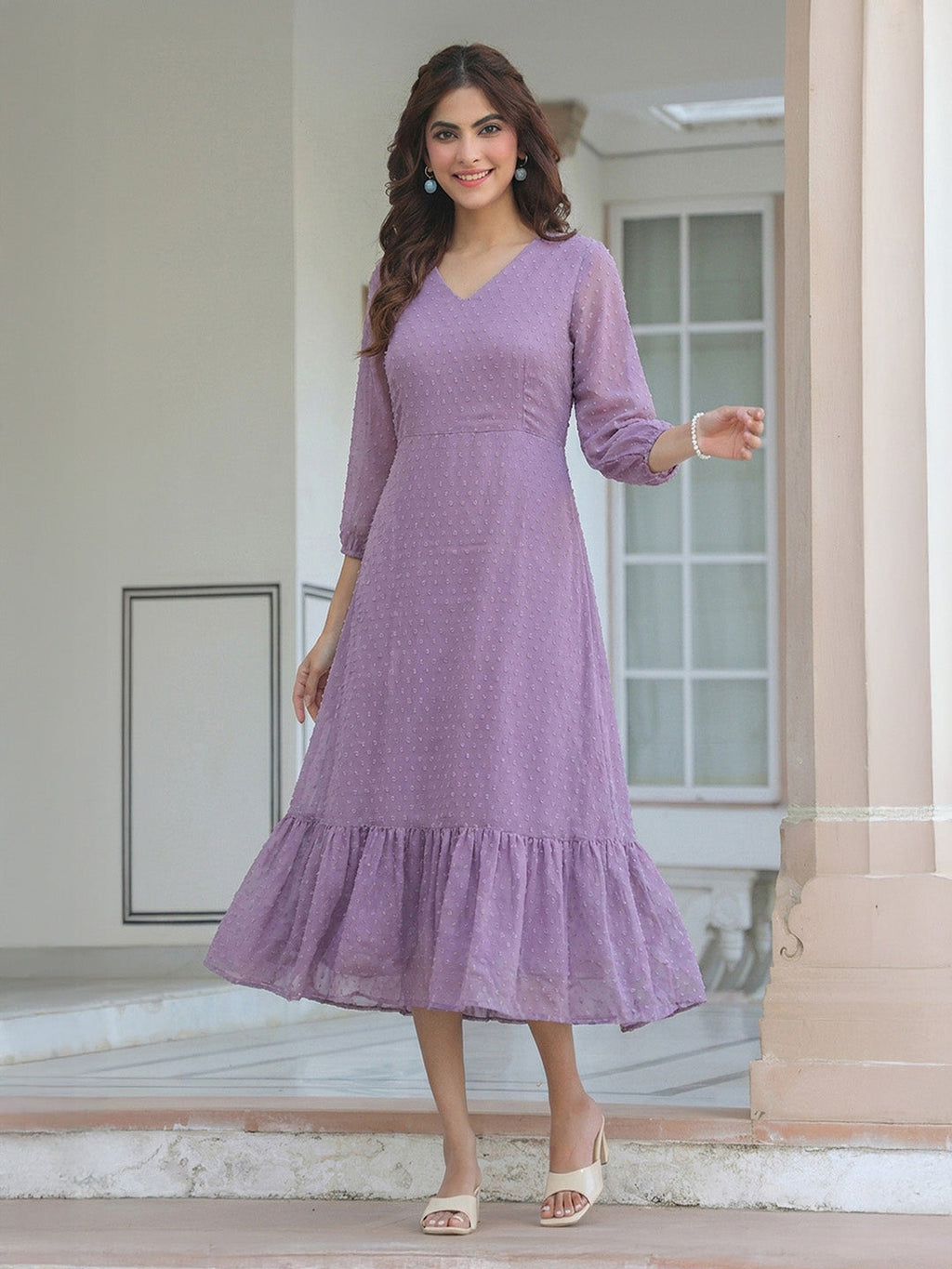 Janasya Lavender A-Line Dobby Chiffon Dress | Grocsy