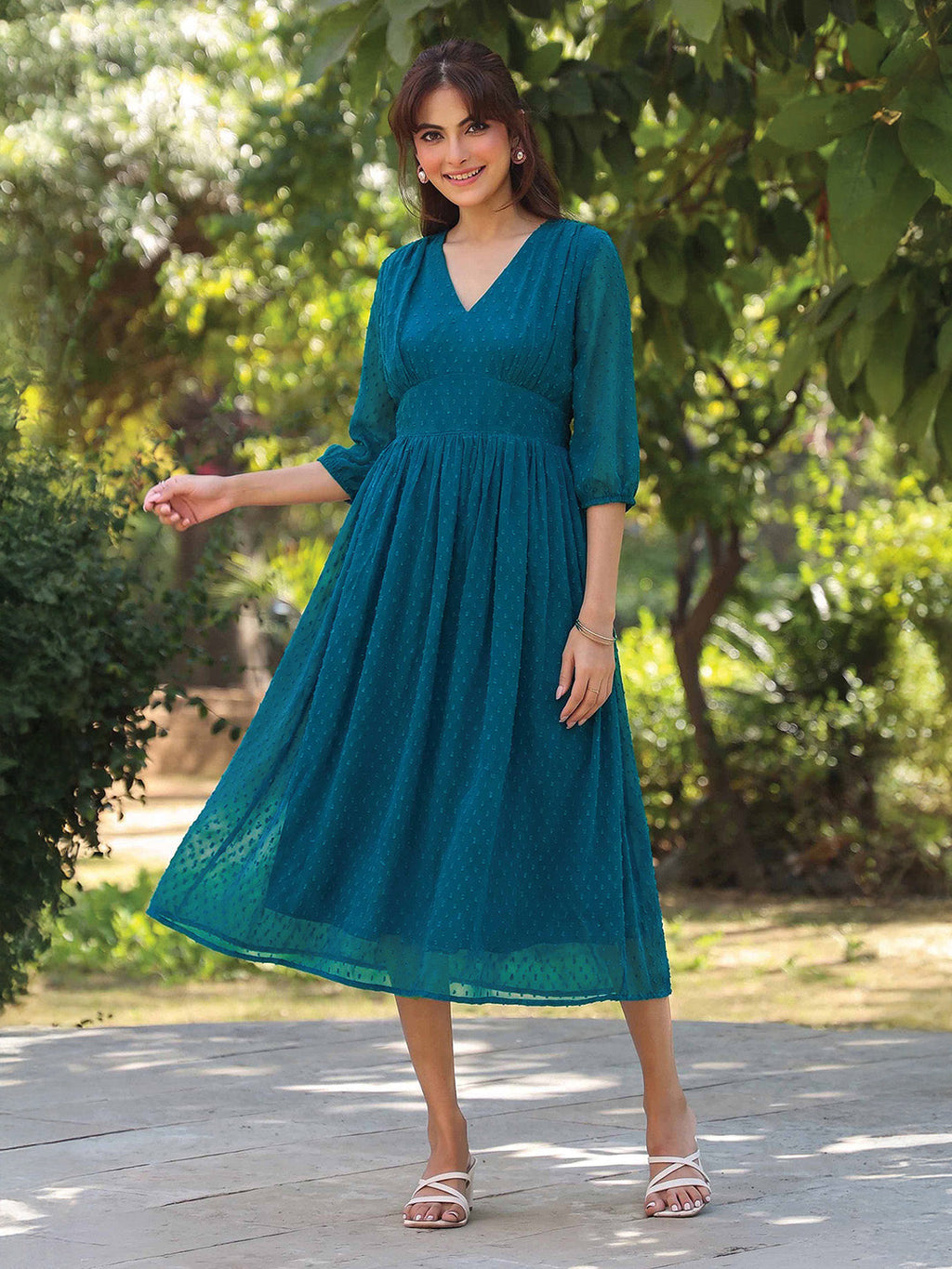 Janasya Teal Fit & Flare Dobby Chiffon Dress | Grocsy