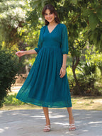 Janasya Teal Fit & Flare Dobby Chiffon Dress | Grocsy