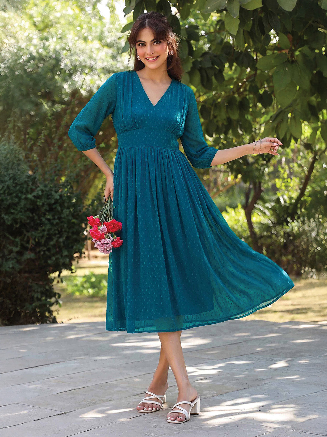 Janasya Teal Fit & Flare Dobby Chiffon Dress | Grocsy