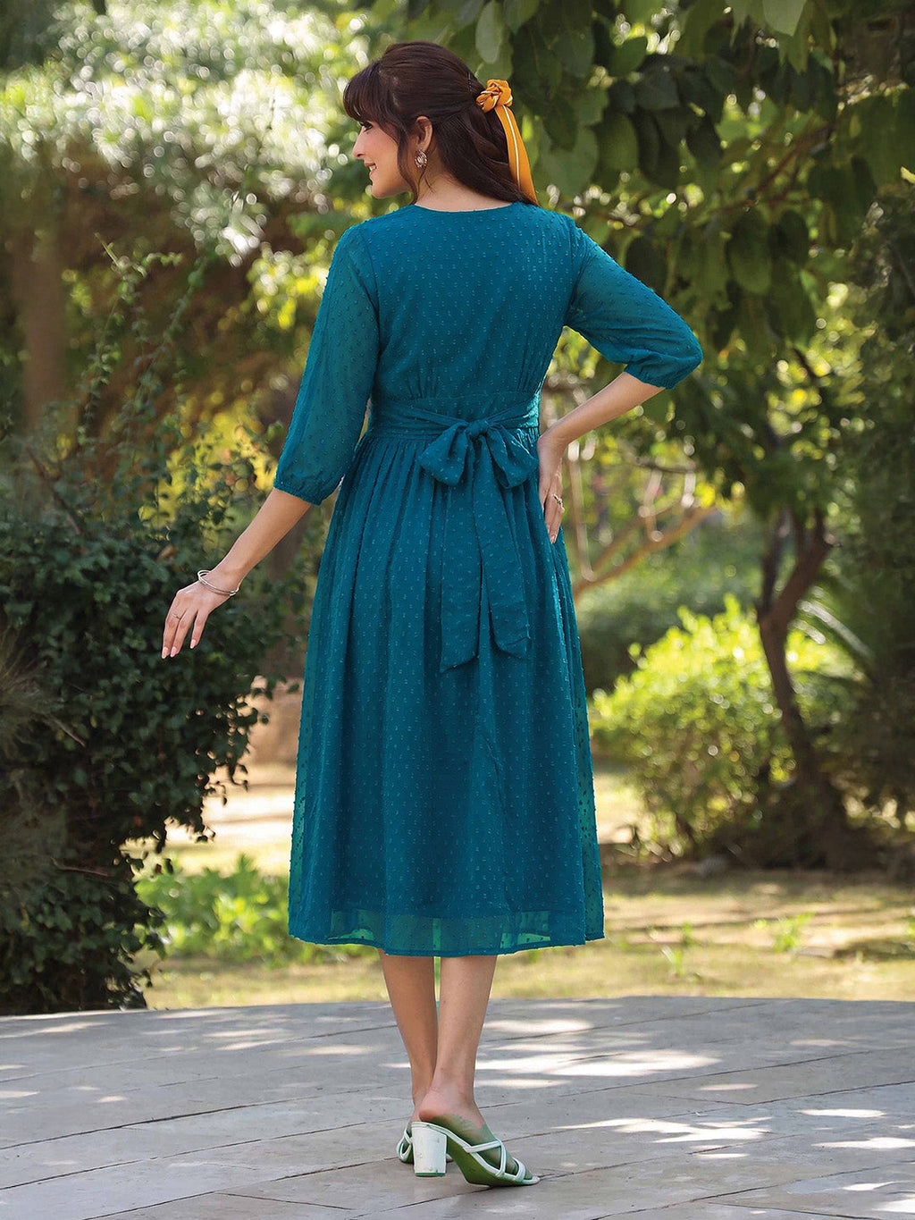 Janasya Teal Fit & Flare Dobby Chiffon Dress | Grocsy