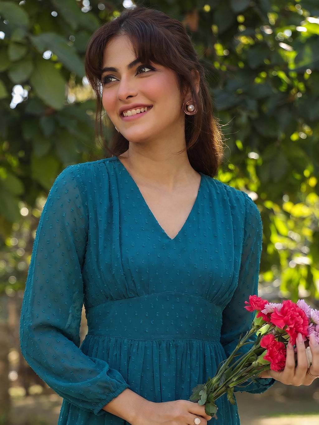 Janasya Teal Fit & Flare Dobby Chiffon Dress | Grocsy