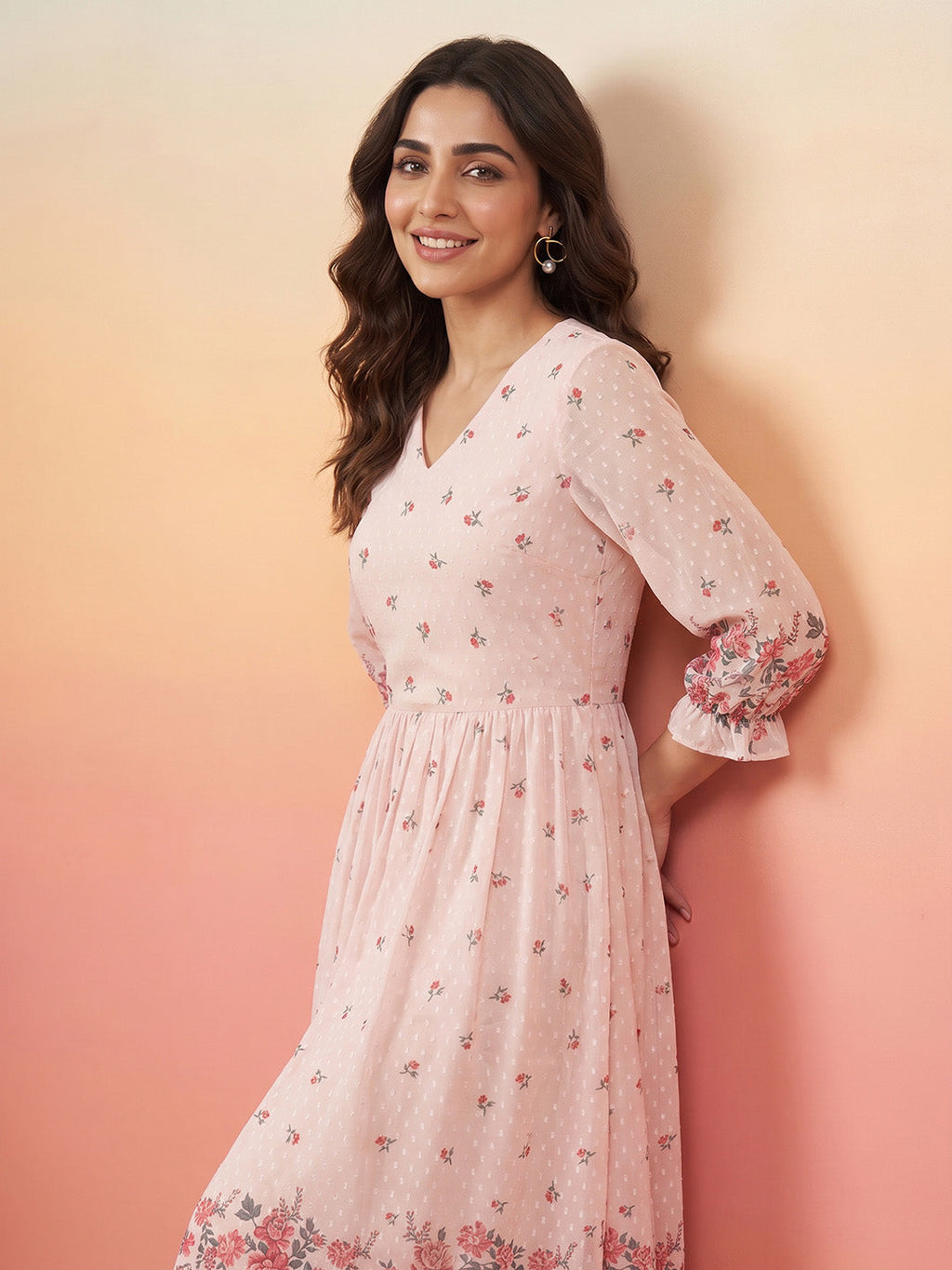 Janasya Peach Fit & Flare Dobby Georgette Dress | Grocsy