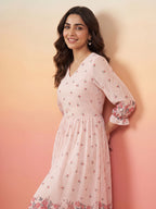 Janasya Peach Fit & Flare Dobby Georgette Dress | Grocsy