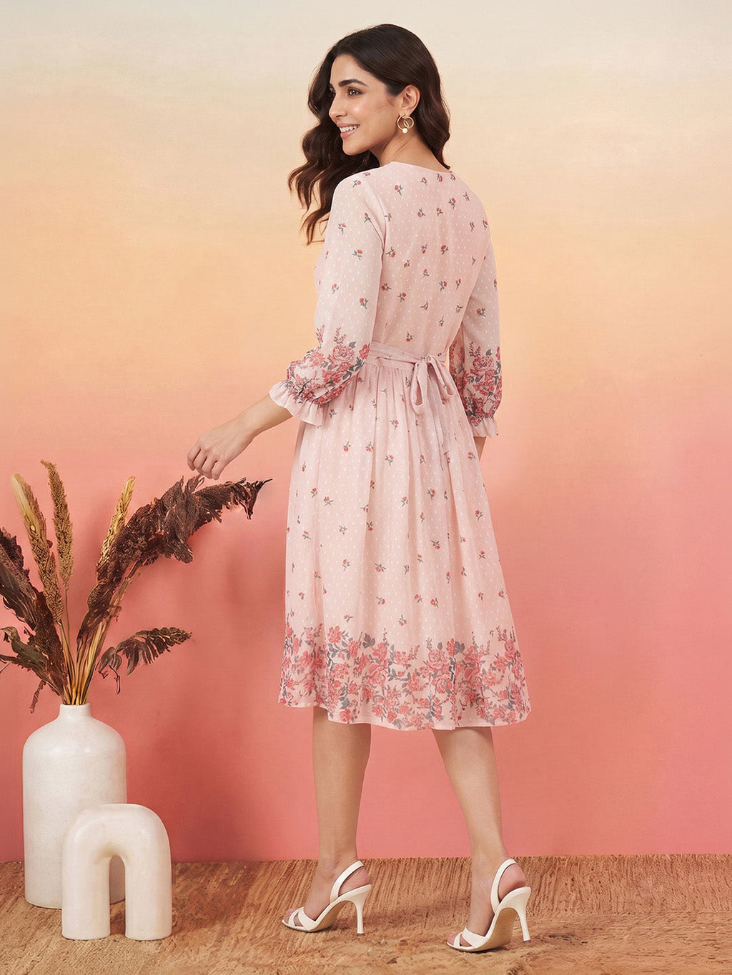 Janasya Peach Fit & Flare Dobby Georgette Dress | Grocsy