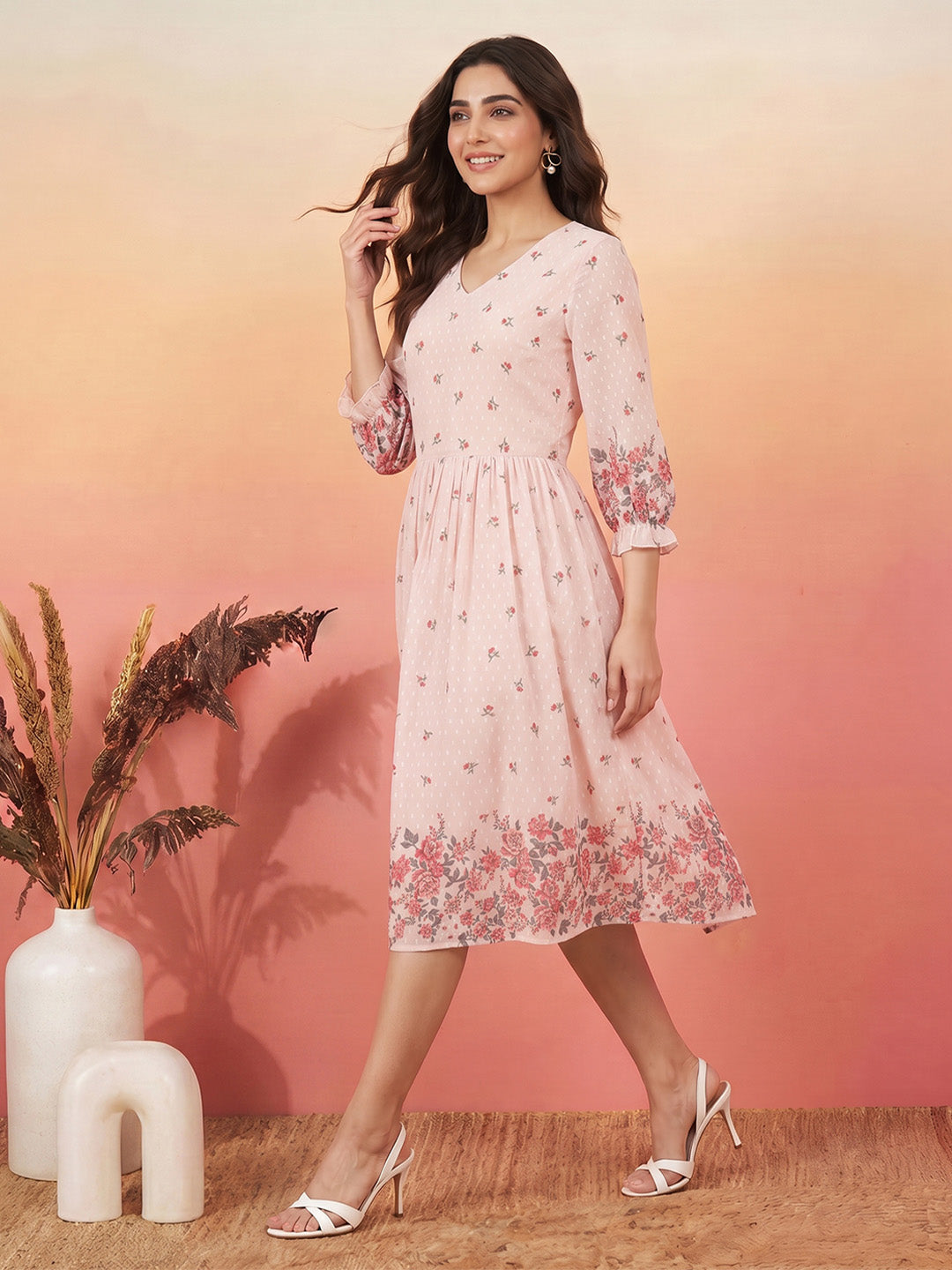 Janasya Peach Fit & Flare Dobby Georgette Dress | Grocsy
