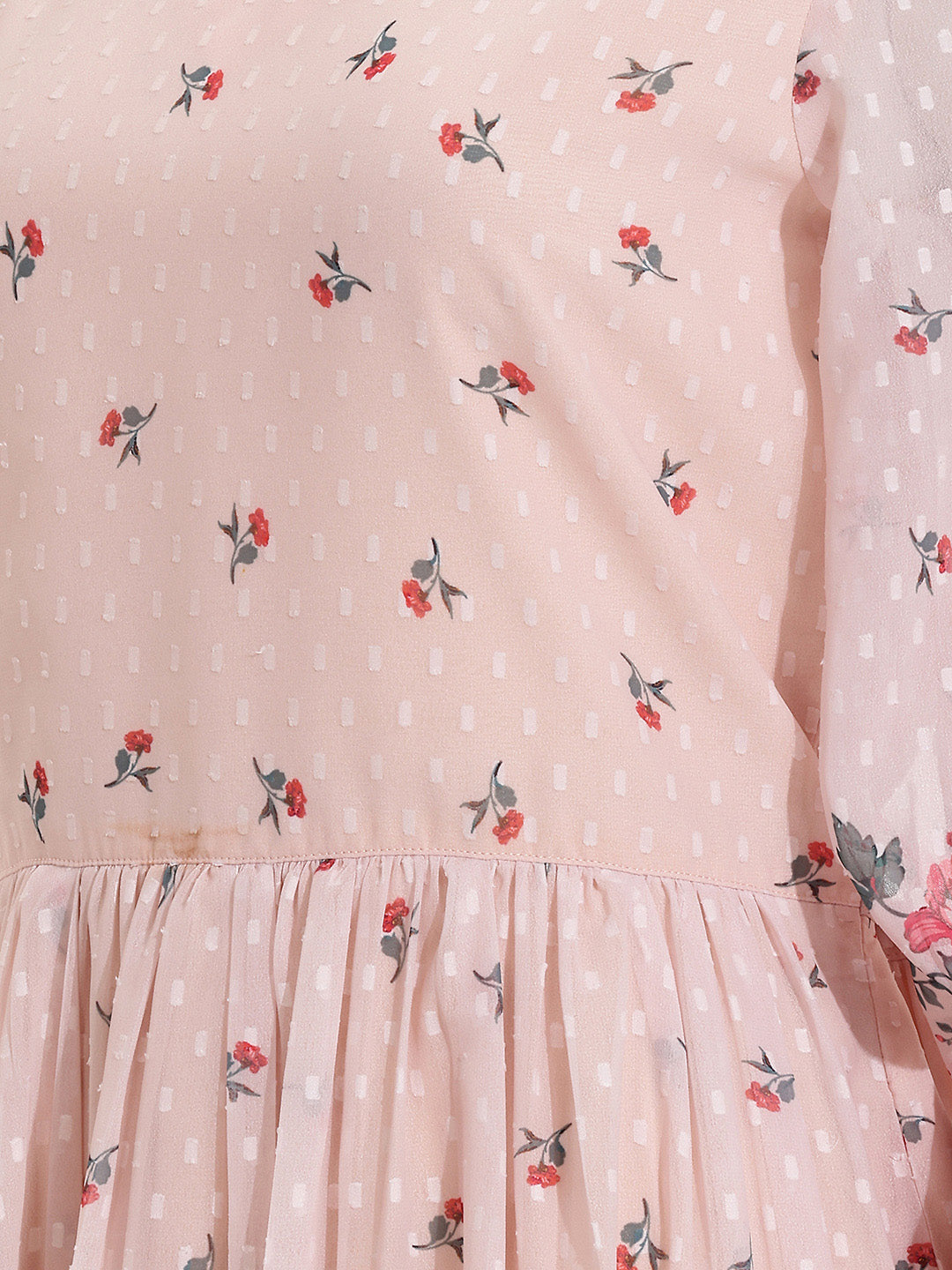 Janasya Peach Fit & Flare Dobby Georgette Dress | Grocsy