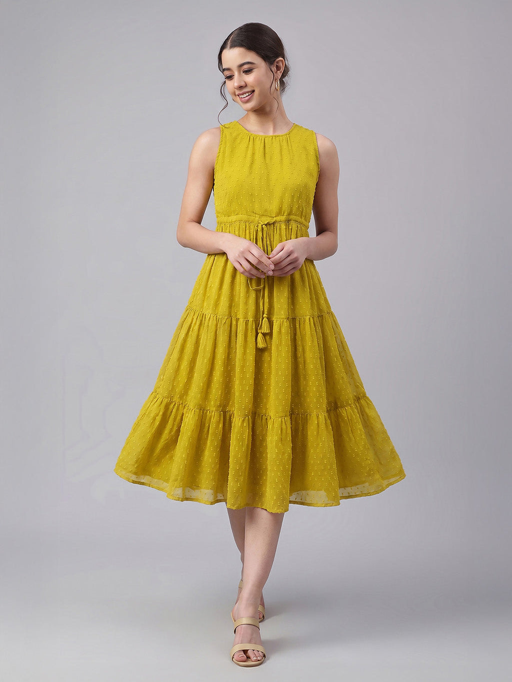 Janasya Lime Tiered Dobby Chiffon Dress | Grocsy