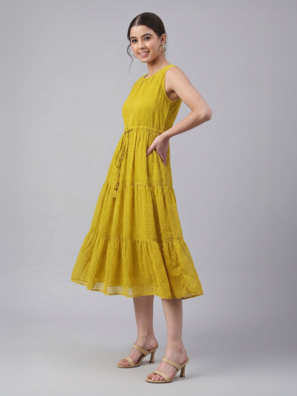 Janasya Lime Tiered Dobby Chiffon Dress | Grocsy