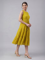 Janasya Lime Tiered Dobby Chiffon Dress | Grocsy