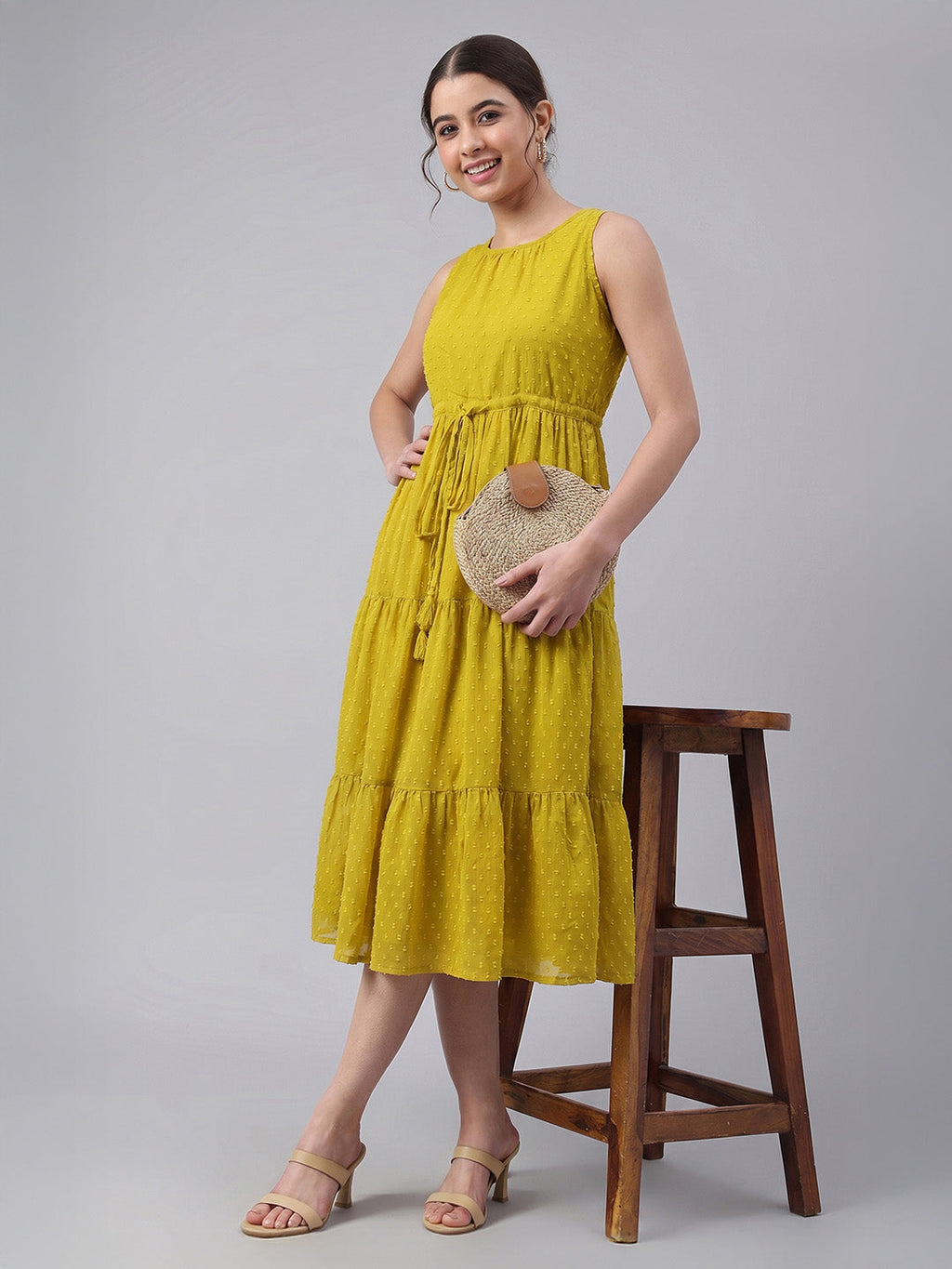 Janasya Lime Tiered Dobby Chiffon Dress | Grocsy