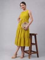 Janasya Lime Tiered Dobby Chiffon Dress | Grocsy
