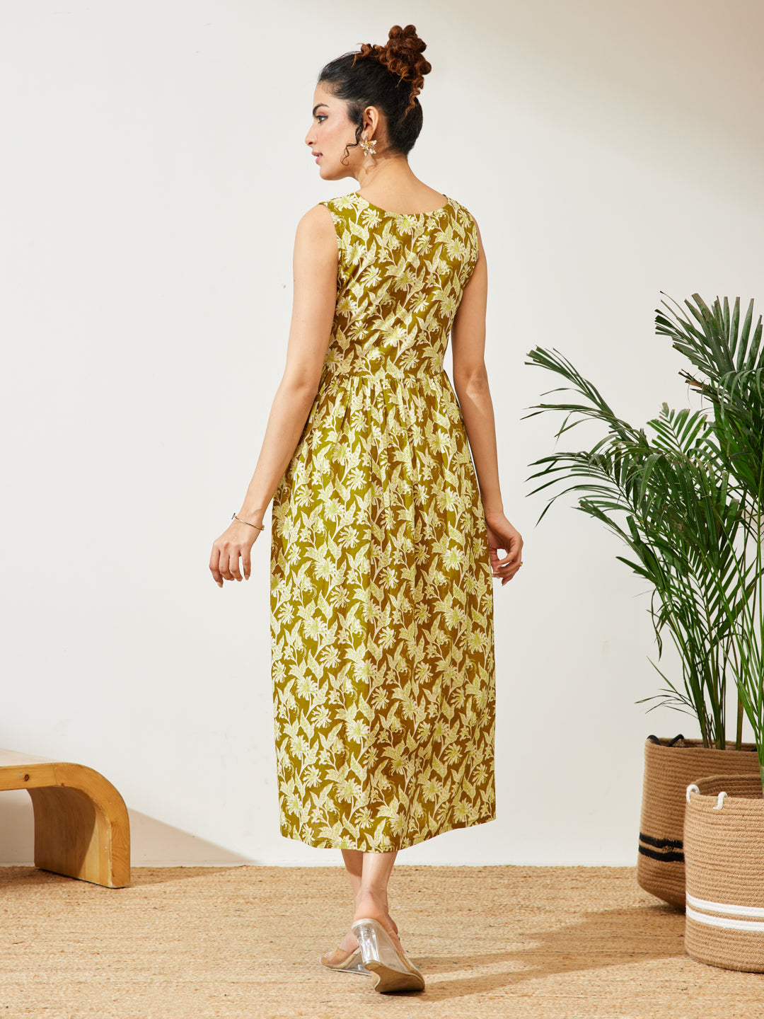 Janasya Olive A-Line Cotton Dress | Grocsy