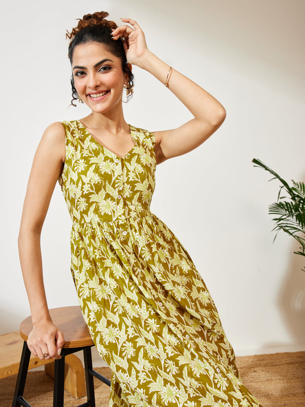 Janasya Olive A-Line Cotton Dress | Grocsy