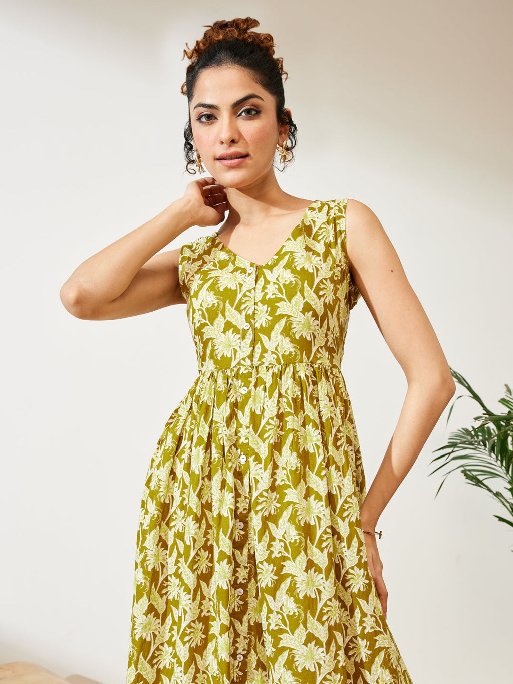Janasya Olive A-Line Cotton Dress | Grocsy