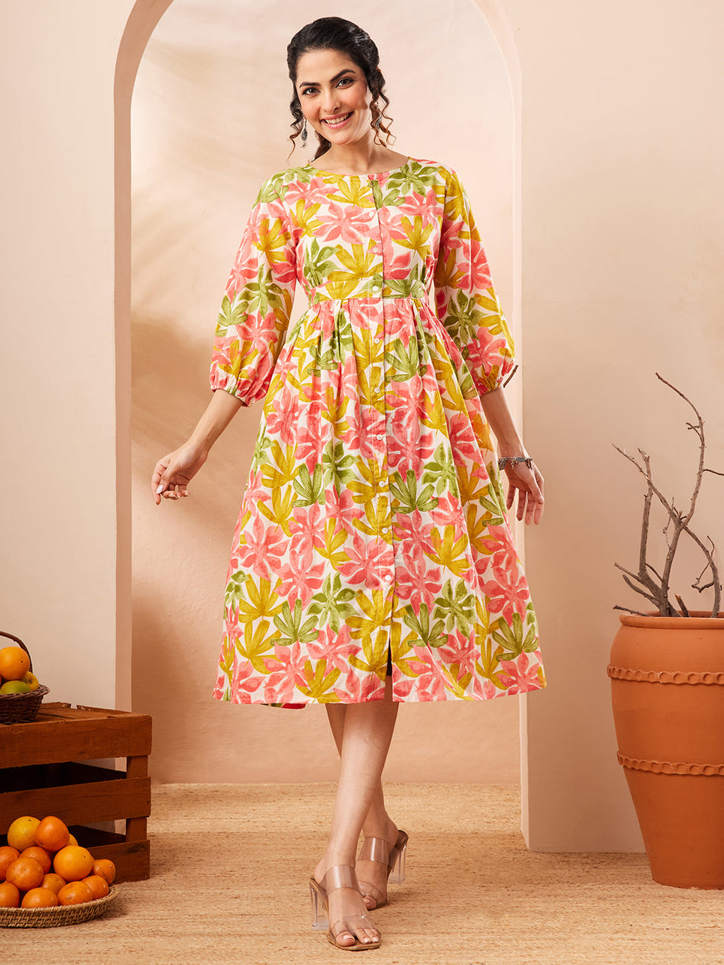 Janasya Multi Gathered Cotton Dress | Grocsy