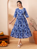 Janasya Blue Fit & Flare Cotton Dress | Grocsy