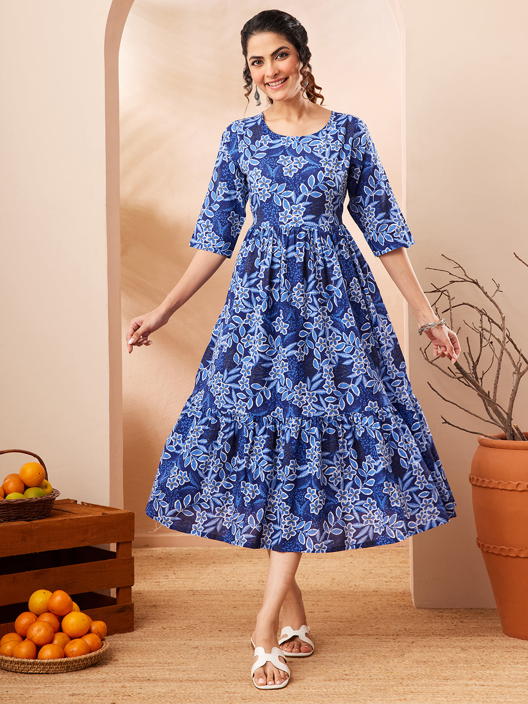 Janasya Blue Fit & Flare Cotton Dress | Grocsy