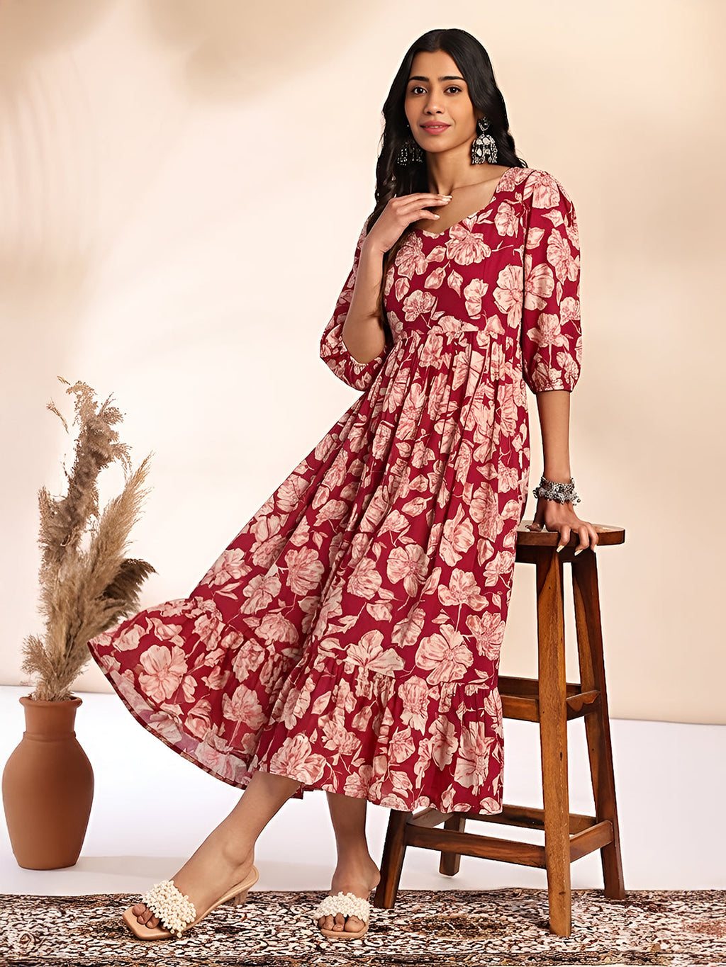 Janasya Pink A-Line Cotton Dress | Grocsy