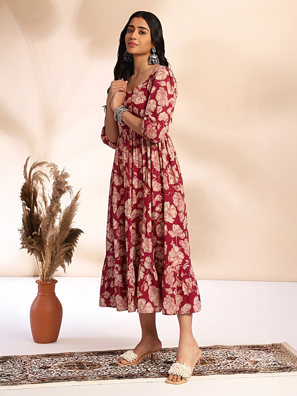 Janasya Pink A-Line Cotton Dress | Grocsy