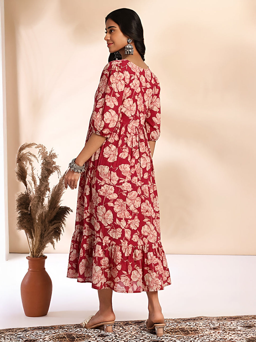 Janasya Pink A-Line Cotton Dress | Grocsy