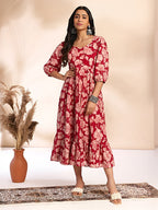 Janasya Pink A-Line Cotton Dress | Grocsy