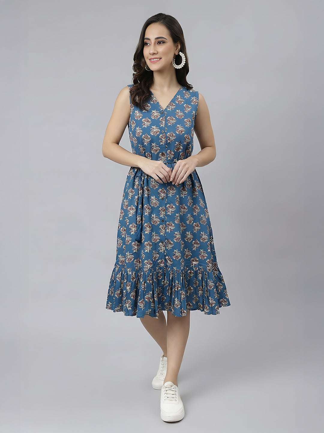 Janasya Navy Blue Fit & Flare Cotton Dress | Grocsy