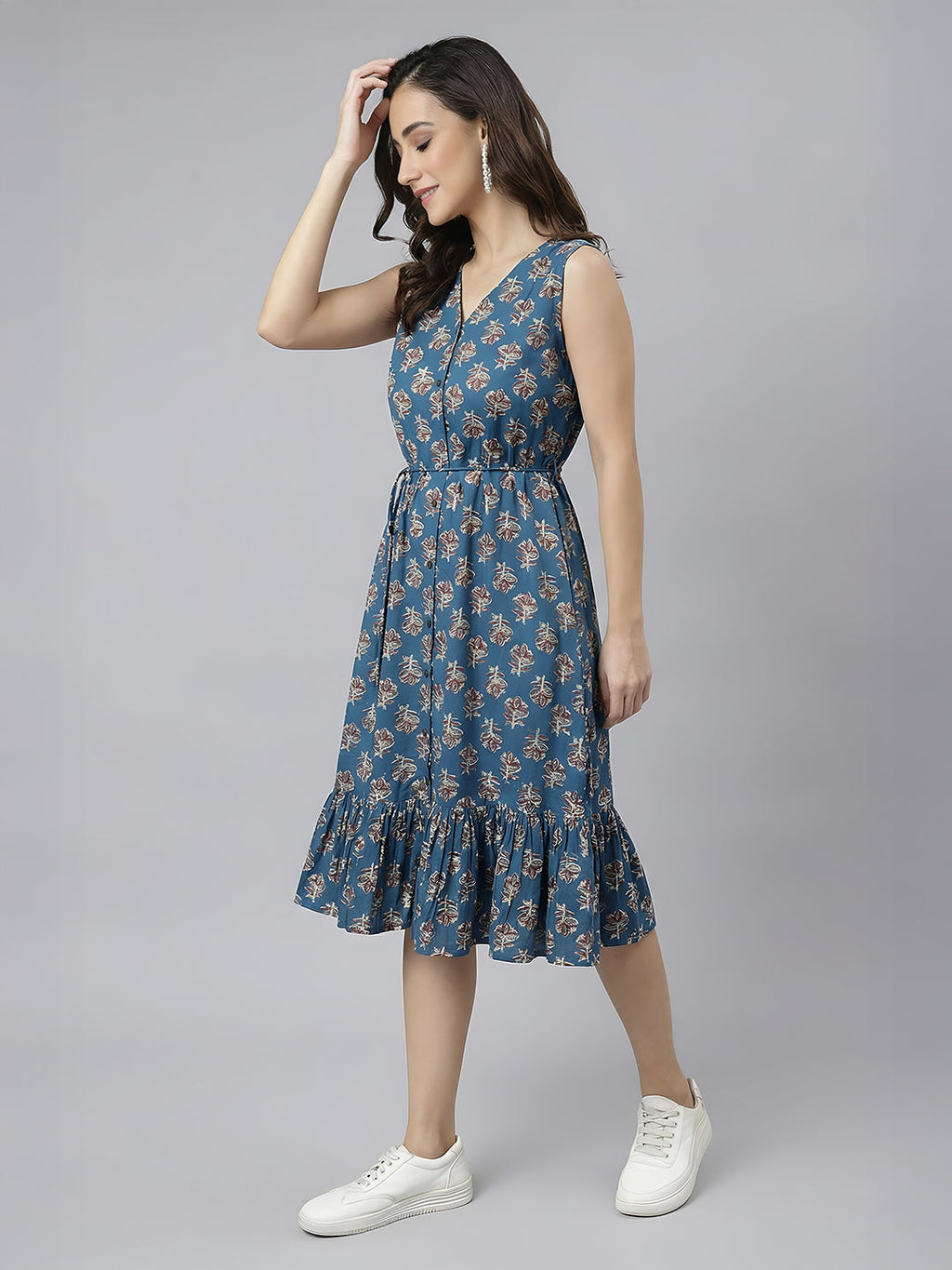 Janasya Navy Blue Fit & Flare Cotton Dress | Grocsy