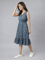 Janasya Navy Blue Fit & Flare Cotton Dress | Grocsy