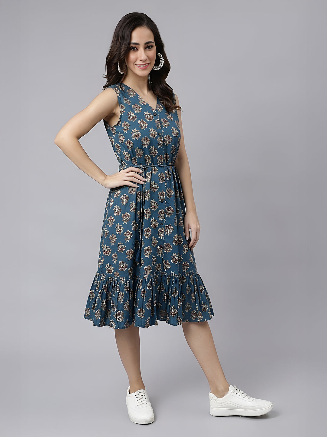 Janasya Navy Blue Fit & Flare Cotton Dress | Grocsy