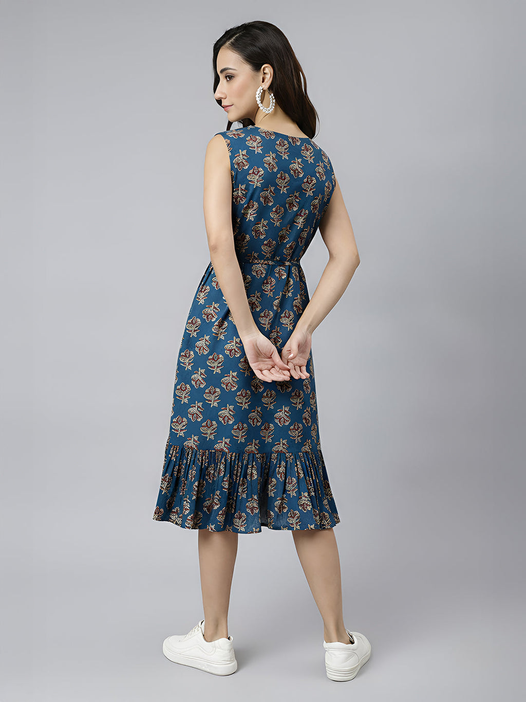 Janasya Navy Blue Fit & Flare Cotton Dress | Grocsy