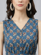 Janasya Navy Blue Fit & Flare Cotton Dress | Grocsy