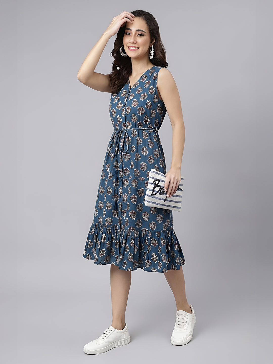 Janasya Navy Blue Fit & Flare Cotton Dress | Grocsy