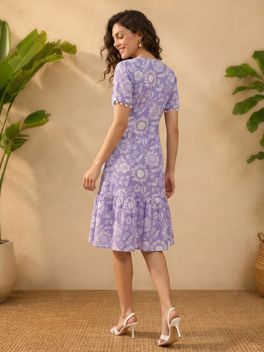Janasya Lavender A-Line Cotton Dress | Grocsy