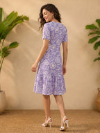 Janasya Lavender A-Line Cotton Dress | Grocsy