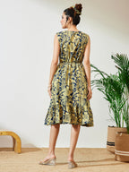 Janasya Navy Blue Fit & Flare Cotton Dress | Grocsy