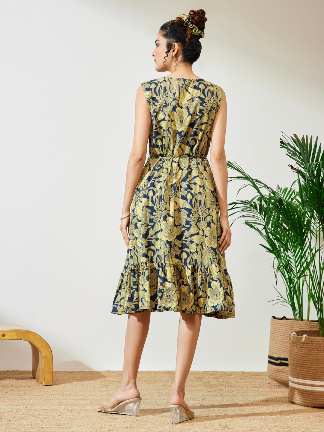 Janasya Navy Blue Fit & Flare Cotton Dress | Grocsy