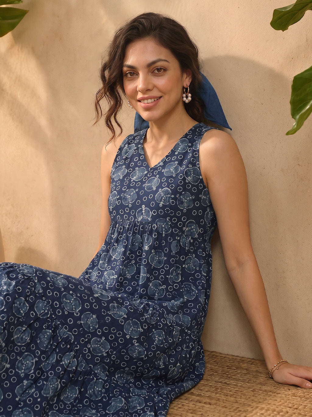 Janasya Indigo Tiered Cotton Dress | Grocsy
