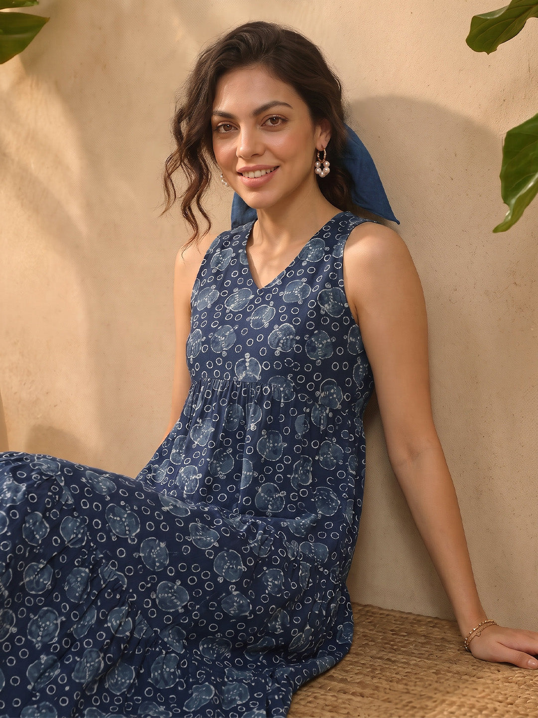 Janasya Indigo Tiered Cotton Dress | Grocsy