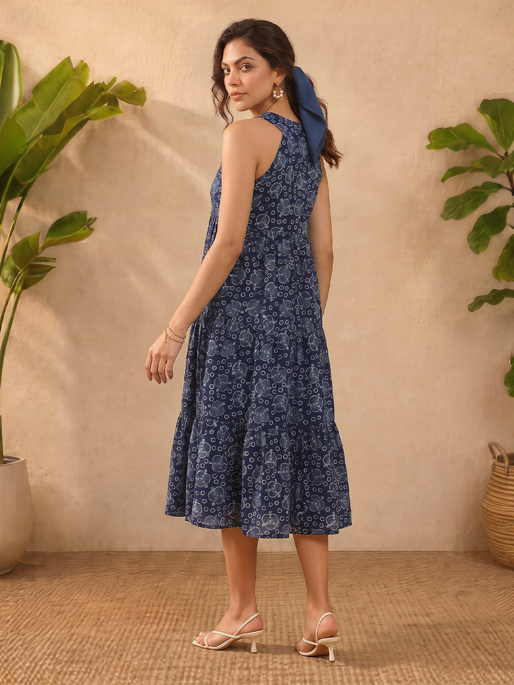 Janasya Indigo Tiered Cotton Dress | Grocsy