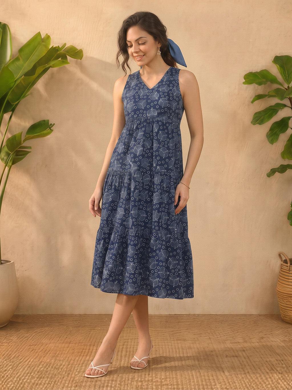 Janasya Indigo Tiered Cotton Dress | Grocsy